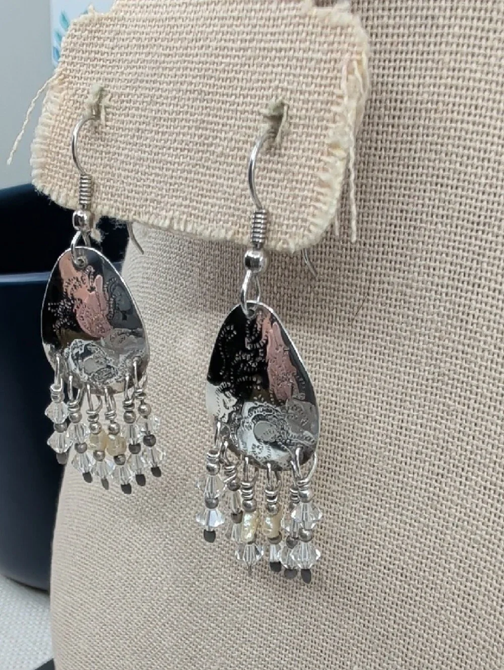 Vintage Artisan Hammered Silver Chandelier Earrings Crystal Bead Fringe 2.5